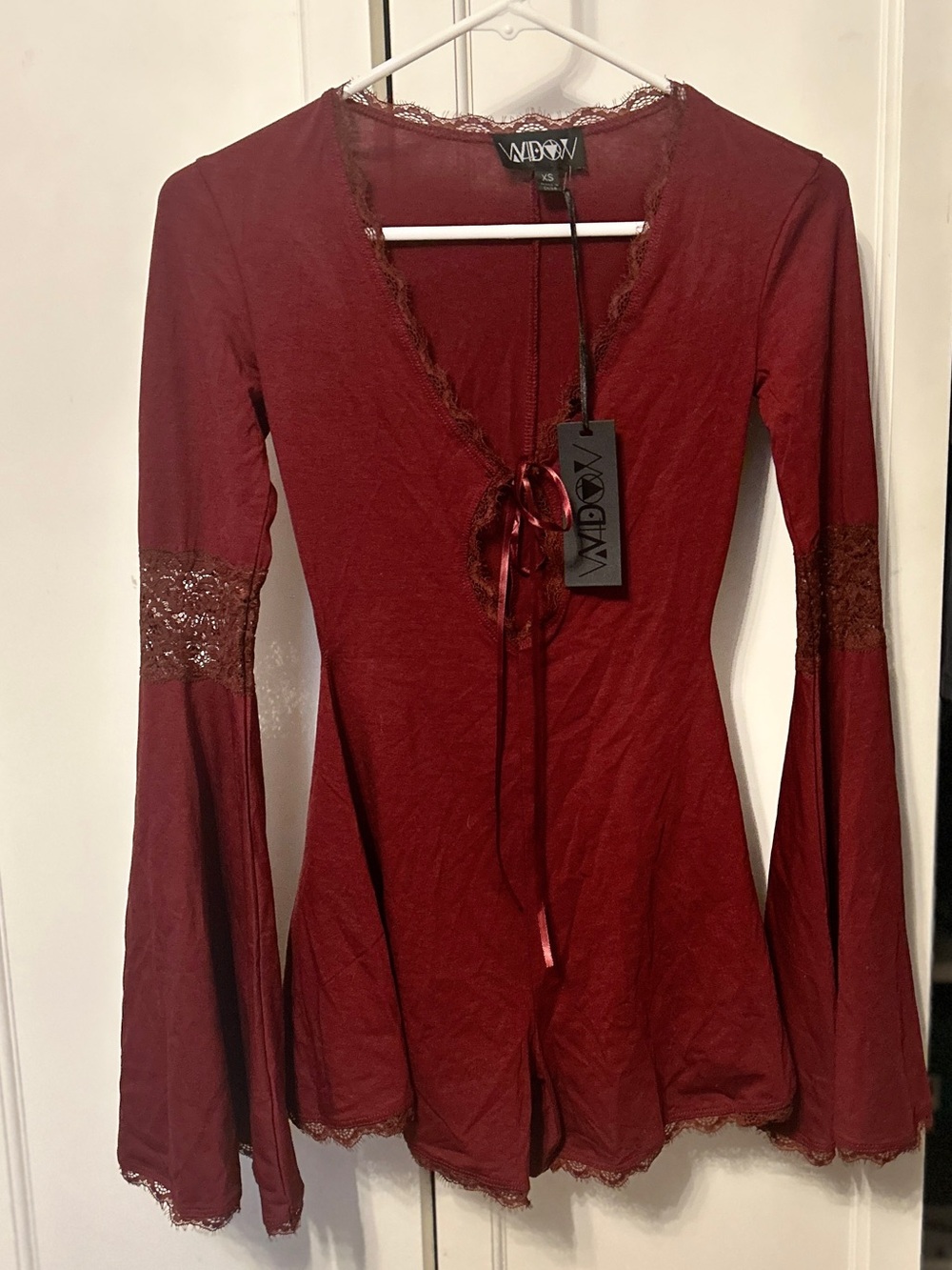 Dolls Kill Burgundy Lace-Trim Bell Sleeve Romper